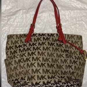Michael Kors Beige/Brown Logo Tote with Red Handles